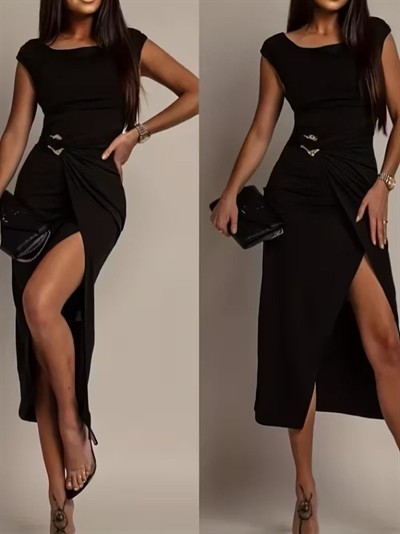 Kadın Kısa Kollu Geometrik Yakalı önden Açık Modal Mini Elbise