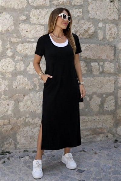 Kadın Kısa Kollu Içi Atlet Görünümlü Yandan Yırtmaçlı Uzun Viskon Elbise