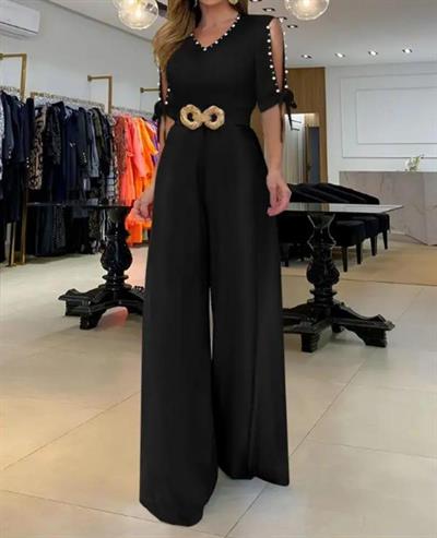 Kadın Kısa Kollu Inci Detay Kemer Dahil Tulum