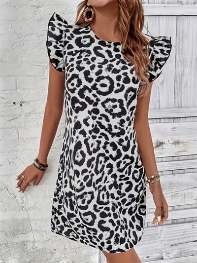 Kadın Kısa Kollu Kolları Fırfır Detay Arkası Bağlamalı Leopar Desen Kolsuz Mini Mikro Elbise