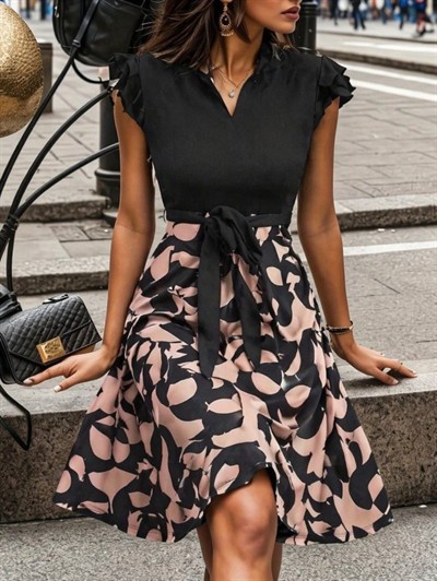 Kadın Kısa Kollu Kolu Fırfır Detay Mini Kuşaklı Kloş Krep Elbise