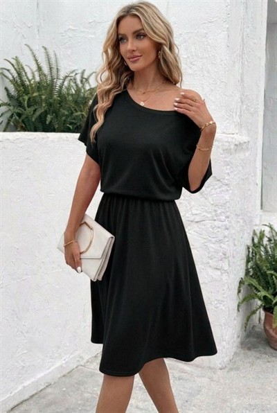 Kadın Kısa Kollu Omuzdan Açık Kiloş Midi Viskon Elbise