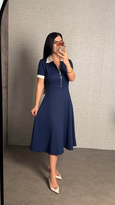 Kadın Kısa Kollu Ribana Ve Fermuar Detay Midi Boy Elbise