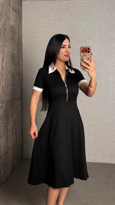 Kadın Kısa Kollu Ribana Ve Fermuar Detay Midi Boy Elbise