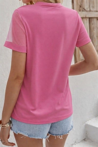 Kadın Kısa Kollu Tül Detaylı Taşlı Janjan Krep Bluz