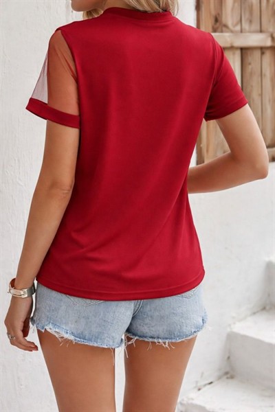 Kadın Kısa Kollu Tül Detaylı Taşlı Janjan Krep Bluz