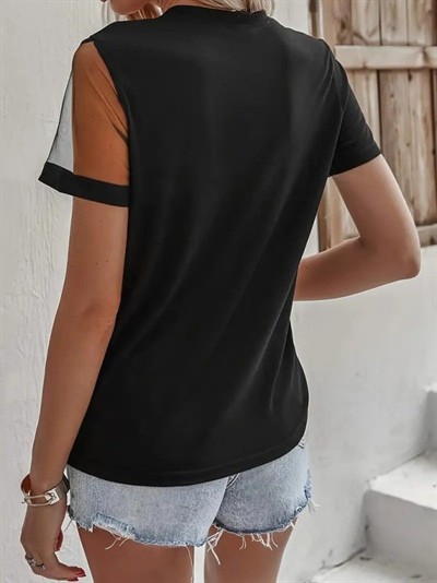 Kadın Kısa Kollu Tül Detaylı Taşlı Janjan Krep Bluz