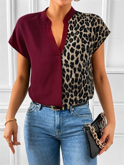 Kadın Kısa Kollu V Hakim Yakalı Leopar Desenli Sandy Bluza