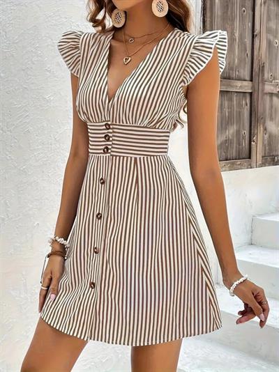 Kadın Kısa Kollu V Yaka Kolları Volanlı Düğme Detay Pamuk Polyester Poplin Kısa Elbise