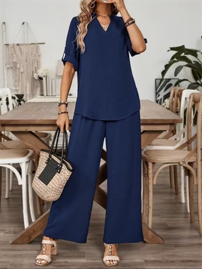 Kadın Kısa Kollu V Yakalı Aerobin Bluz Ve Pantolon Ikili Takım