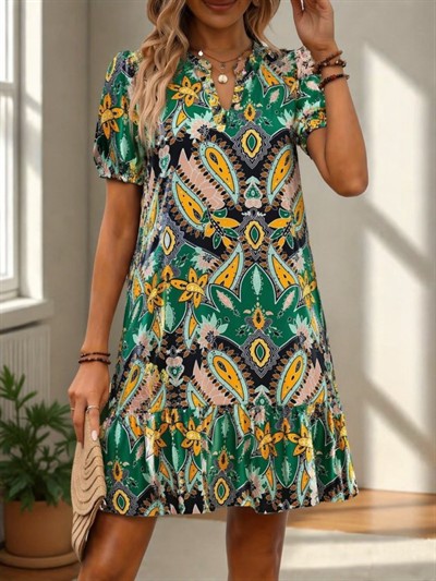Kadın Kısa Kollu V Yakalı Desenli Kısa Süprem Elbise