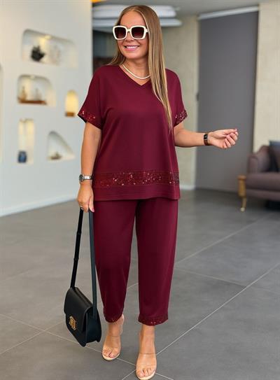 Kadın Kısa Kollu V Yakalı Pul Payetli Viskon Iki Iplik Bluz Ve Pantolon Ikili Takım