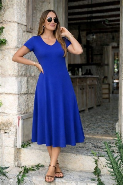 Kadın Kısa Kollu V Yakalı Yırtmaçlı Midi Viskon Elbise