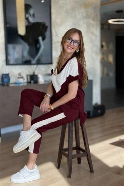 Kadın Kısa Kollu V Yakalı çift Renkli Viskon Iki Iplik Ikili Bluz Ve Pantolon Takım