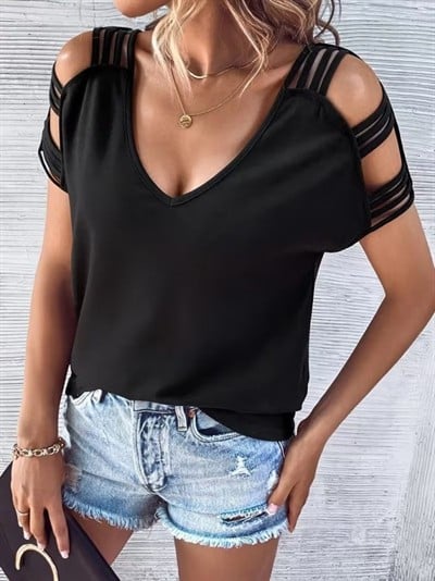 Kadın Kısa Kollu V Yakalı şerit Detaylı Viskon Bluz