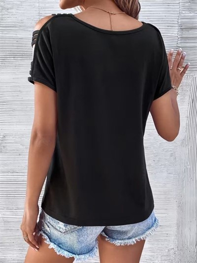 Kadın Kısa Kollu V Yakalı şerit Detaylı Viskon Bluz