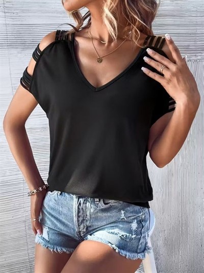 Kadın Kısa Kollu V Yakalı şerit Detaylı Viskon Bluz