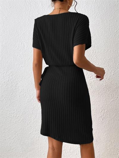 Kadın Kısa Kollu Yarasa Kol Fitilli Kaşkorse Anvelop Mini Elbise