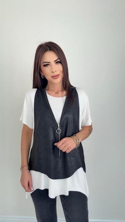 Kadın Kısa Kollu Yuvarlak Yaka Viskon Bluz + Kolsuz Fermuarlı çatlak Deri Yelek