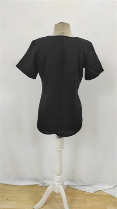 Kadın Kısa Kollu çentikli V Düğme Detaylı V Yaka önden Pileli Ithal Keten Bluz