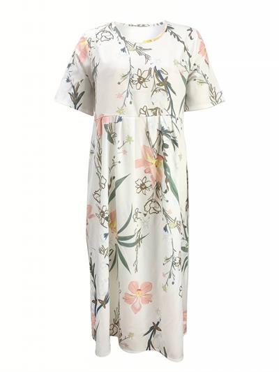 Kadın Kısa Kollu çiçek Baskı Midi Boy Cepli Süprem Elbise