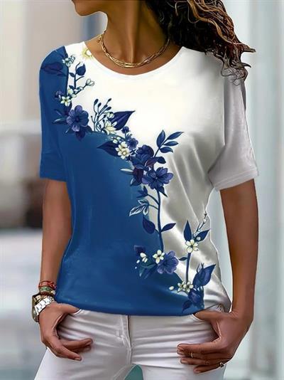 Kadın Kısa Kollu çiçek Desenli Süprem Bluz