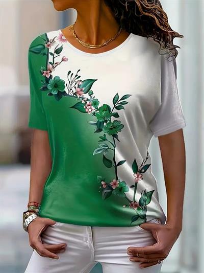 Kadın Kısa Kollu çiçek Desenli Süprem Bluz