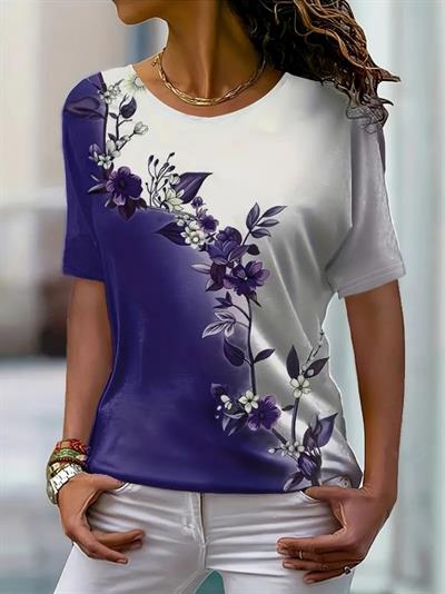 Kadın Kısa Kollu çiçek Desenli Süprem Bluz