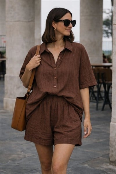 Kadın Kısa Kollu çizgili Modal Kumaş Gömlek Ve Yüksek Bel Lastik Detay şort Ikili Takım