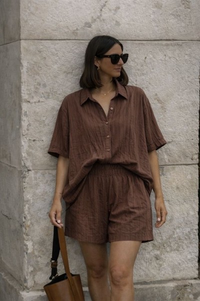 Kadın Kısa Kollu çizgili Modal Kumaş Gömlek Ve Yüksek Bel Lastik Detay şort Ikili Takım