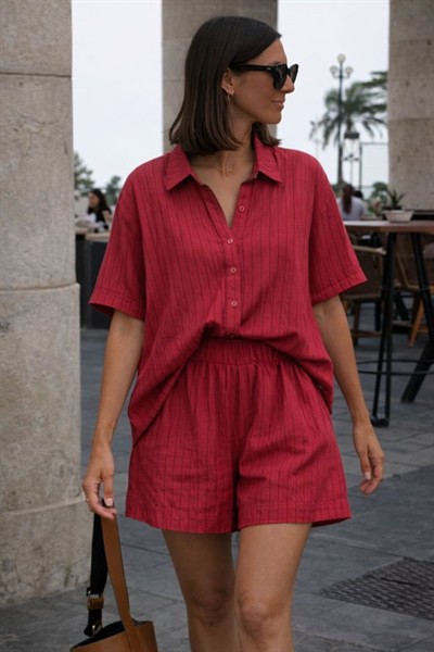 Kadın Kısa Kollu çizgili Modal Kumaş Gömlek Ve Yüksek Bel Lastik Detay şort Ikili Takım