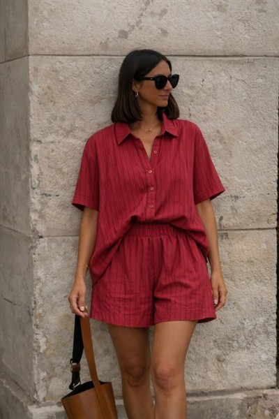 Kadın Kısa Kollu çizgili Modal Kumaş Gömlek Ve Yüksek Bel Lastik Detay şort Ikili Takım