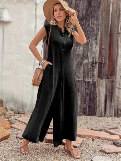 Kadın Kısa Kollu önden Düğmeli Paçaya Doğru Geniş Cepli Uzun Bürümcük Tulum