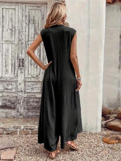 Kadın Kısa Kollu önden Düğmeli Paçaya Doğru Geniş Cepli Uzun Bürümcük Tulum