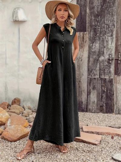 Kadın Kısa Kollu önden Düğmeli Paçaya Doğru Geniş Cepli Uzun Bürümcük Tulum