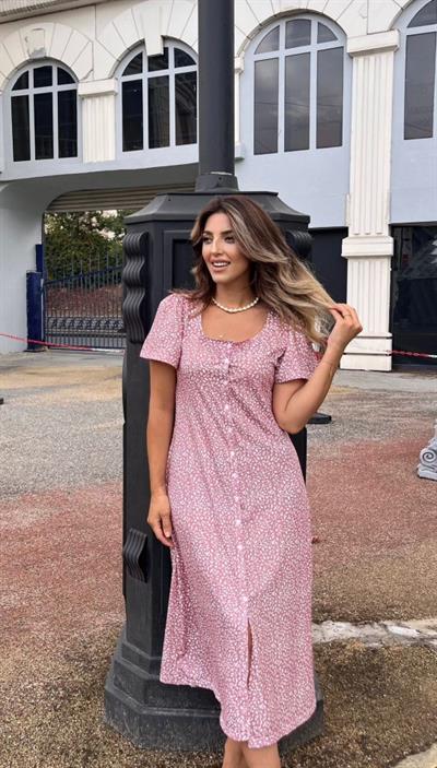 Kadın Kısa Kollu önü Düğmeli Volanlı Minik Leopar Desen Midi Viskon Elbise