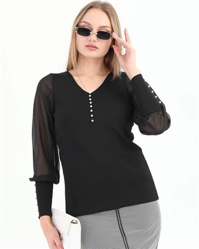 Kadın Kollar Tül Inci Ve Manşet Detay Bluz