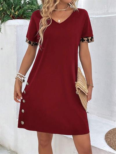 Kadın Kolları Leopar Eteği Düğme Detay Viskon Elbise