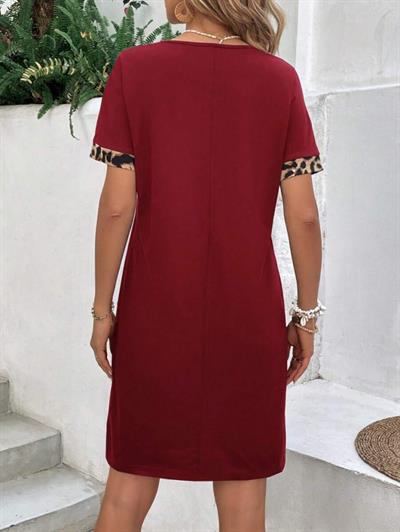 Kadın Kolları Leopar Eteği Düğme Detay Viskon Elbise