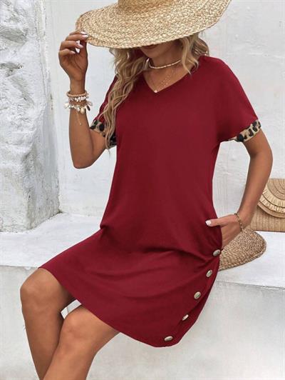 Kadın Kolları Leopar Eteği Düğme Detay Viskon Elbise