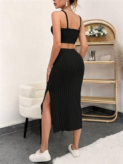 Kadın Kolsuz Askılı Crop Yırtmaçlı Midi Etek Fitilli Kaşkorse Takım