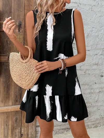 Kadın Kolsuz Bisiklet Yaka Arkadan Fiyonklu Süprem Kısa Elbise