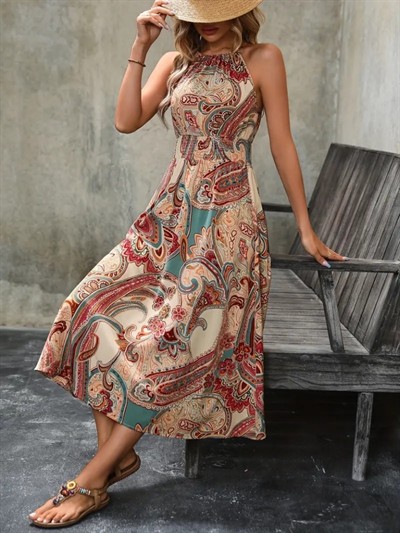 Kadın Kolsuz Boyundan Bağlamalı Beli Lastikli Dijital Baskı Süprem Uzun Elbise