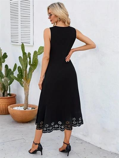 Kadın Kolsuz Etek Ucu Lazer Kesim çiçek Desenli Midi Boy Janjan Krep Elbise