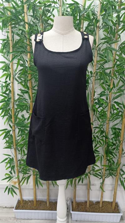 Kadın Kolsuz Kalın Askılı Düğme Detay Cepli Keten Elbise