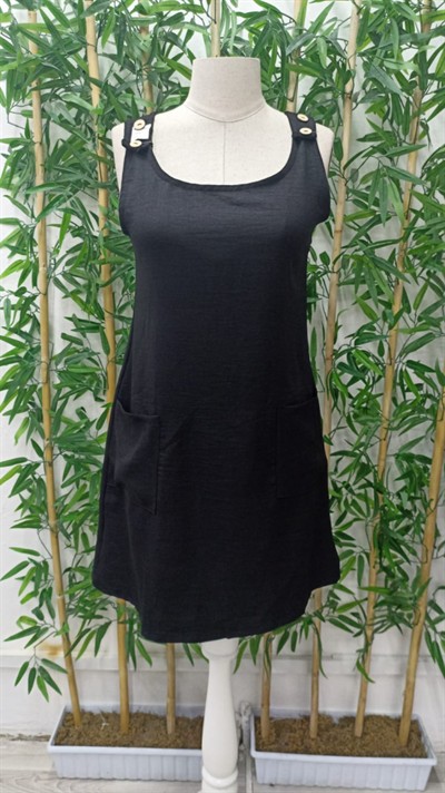 Kadın Kolsuz Kalın Askılı Düğme Detay Cepli Keten Elbise