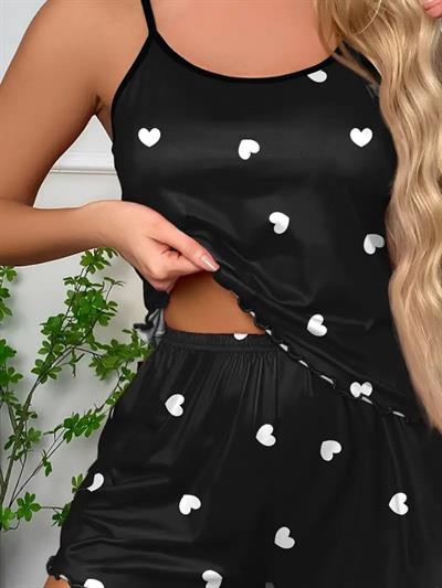 Kadın Kolsuz Kalp Desen şortlu Süprem Pijama Takımı