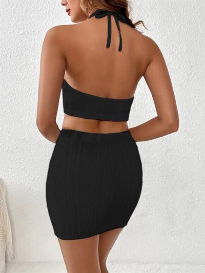 Kadın Kolsuz Mini Erer Crop Ikili Triko Takım