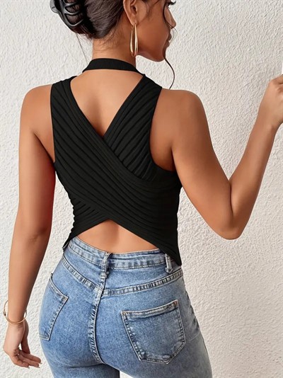 Kadın Kolsuz Sırt çapraz Detay Triko Bluz