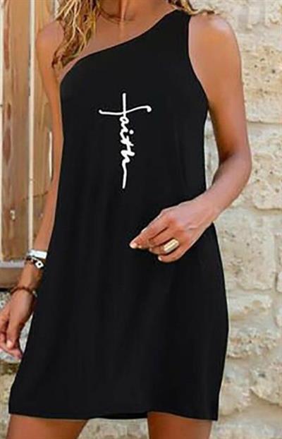 Kadın Kolsuz Tek Omuz Askılı Baskı Detay Viskon Elbise